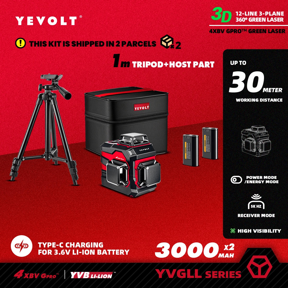 Laser Level YVGLL4XS12 12-Line Green Beam with Pulse Mode Long Range Auto-Leveling Lock Slope Switch for DIY Home Improvement