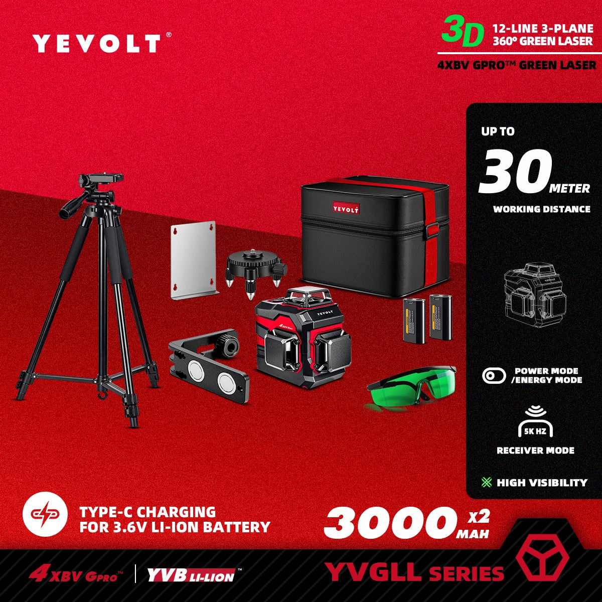 Nivel láser verde YEVOLT serie YVGLL4XS, 3/4 planos, 12/16 líneas, autonivelante, 360°, 3D/4D, horizontal y vertical, 3,6 V, 3 Ah