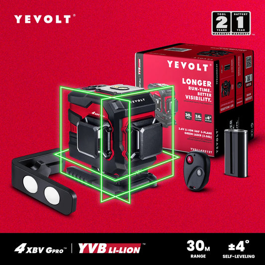 Generador de nivel láser YEVOLT YVGLL4XS12T de 360° y 12 líneas. Sistema de alineación de baldosas autonivelante FloorMaster. Alta precisión: alcance de 30 m.