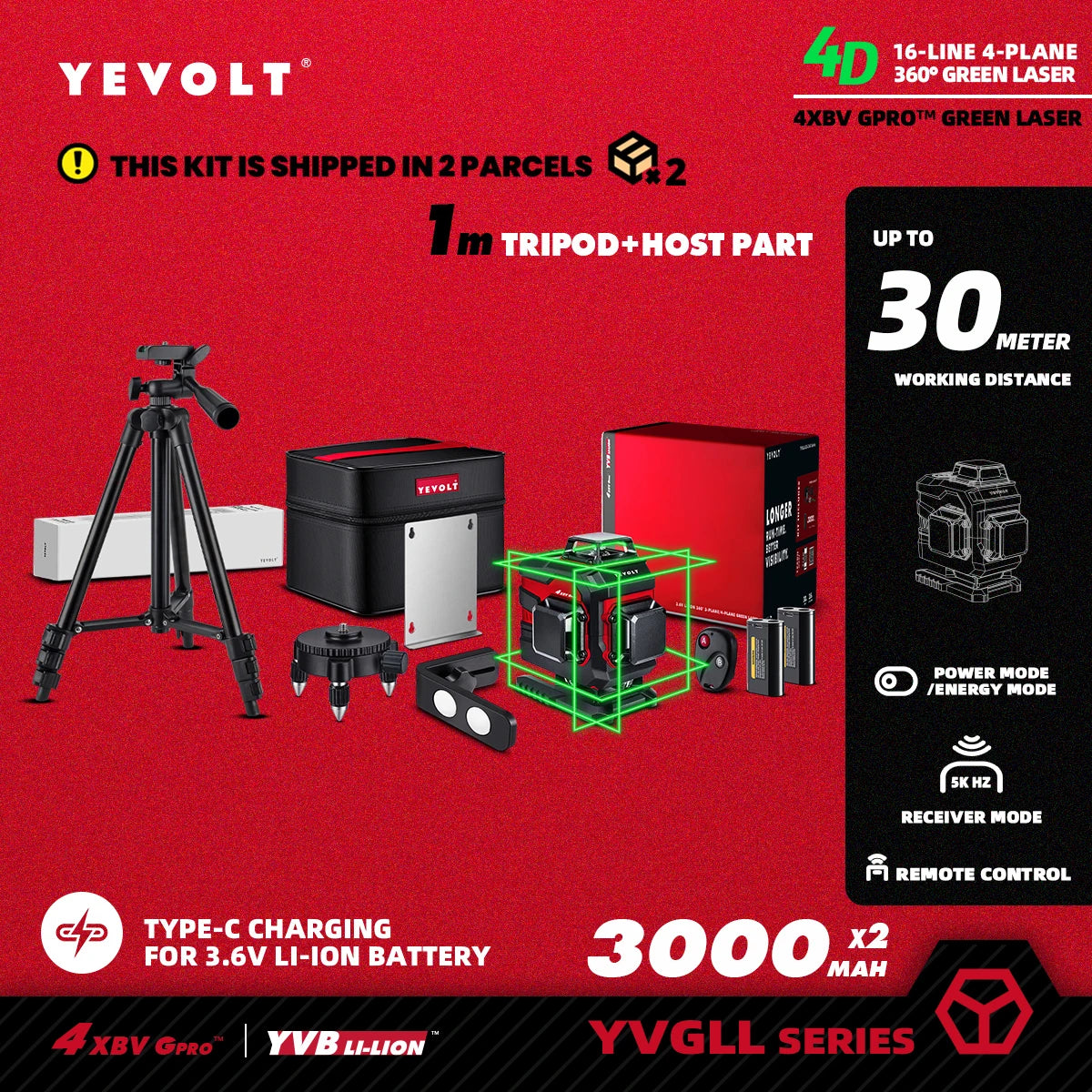 YEVOLT YVGLL4XS16 Nivel láser verde de 16 líneas y 4 planos, autonivelante, 4D, con potencia de 3 Ah/5,2 Ah, horizontal y vertical.