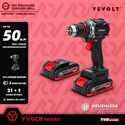 Furadeira elétrica sem fio YEVOLT YVGBD20DU2 20V ECM com motor sem escovas, 21+1 ajustes de torque, mandril de aço de 50 Nm sem chave