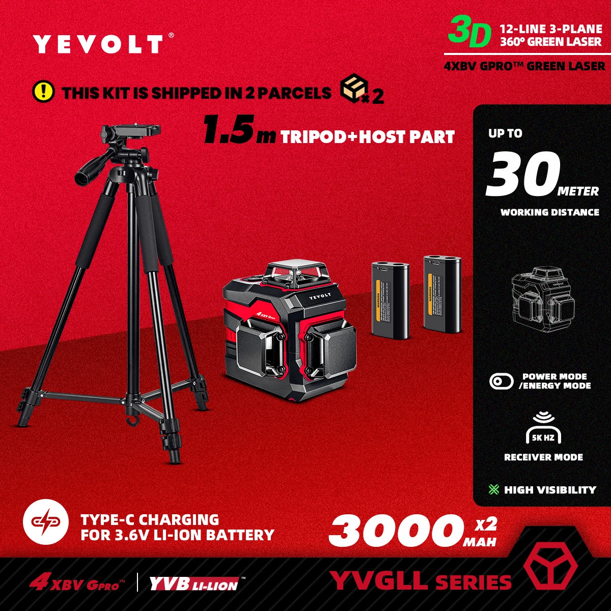 Nivel láser verde YEVOLT serie YVGLL4XS, 3/4 planos, 12/16 líneas, autonivelante, 360°, 3D/4D, horizontal y vertical, 3,6 V, 3 Ah
