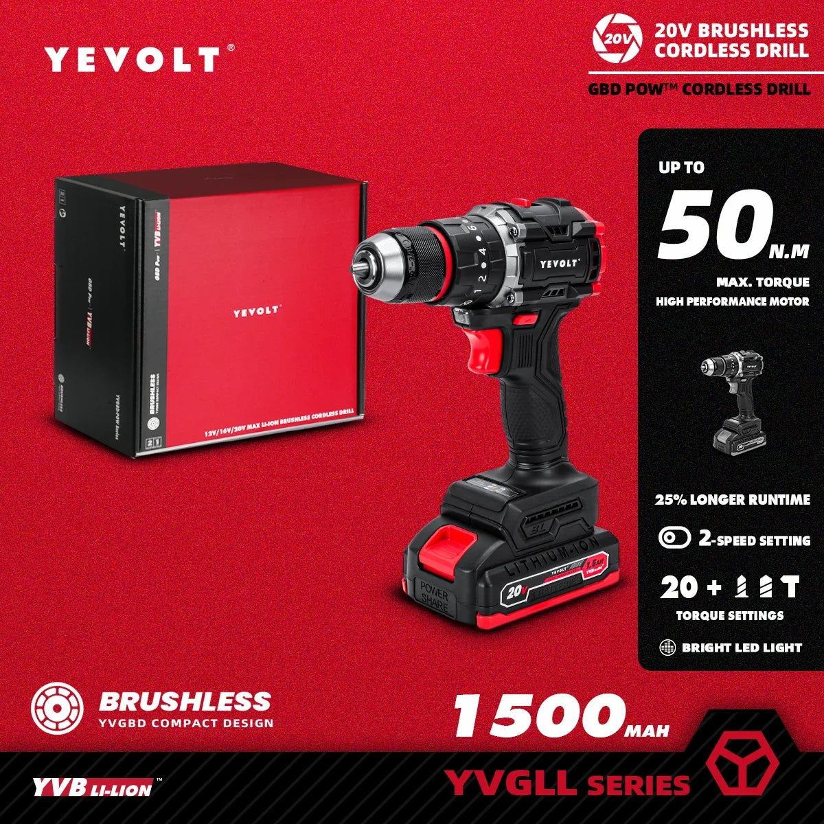Furadeira/parafusadeira sem fio YEVOLT YVGBD20DU2 20V com maior autonomia e sem escovas, 50N.m, torque máximo de 21+1, mandril autoapertável