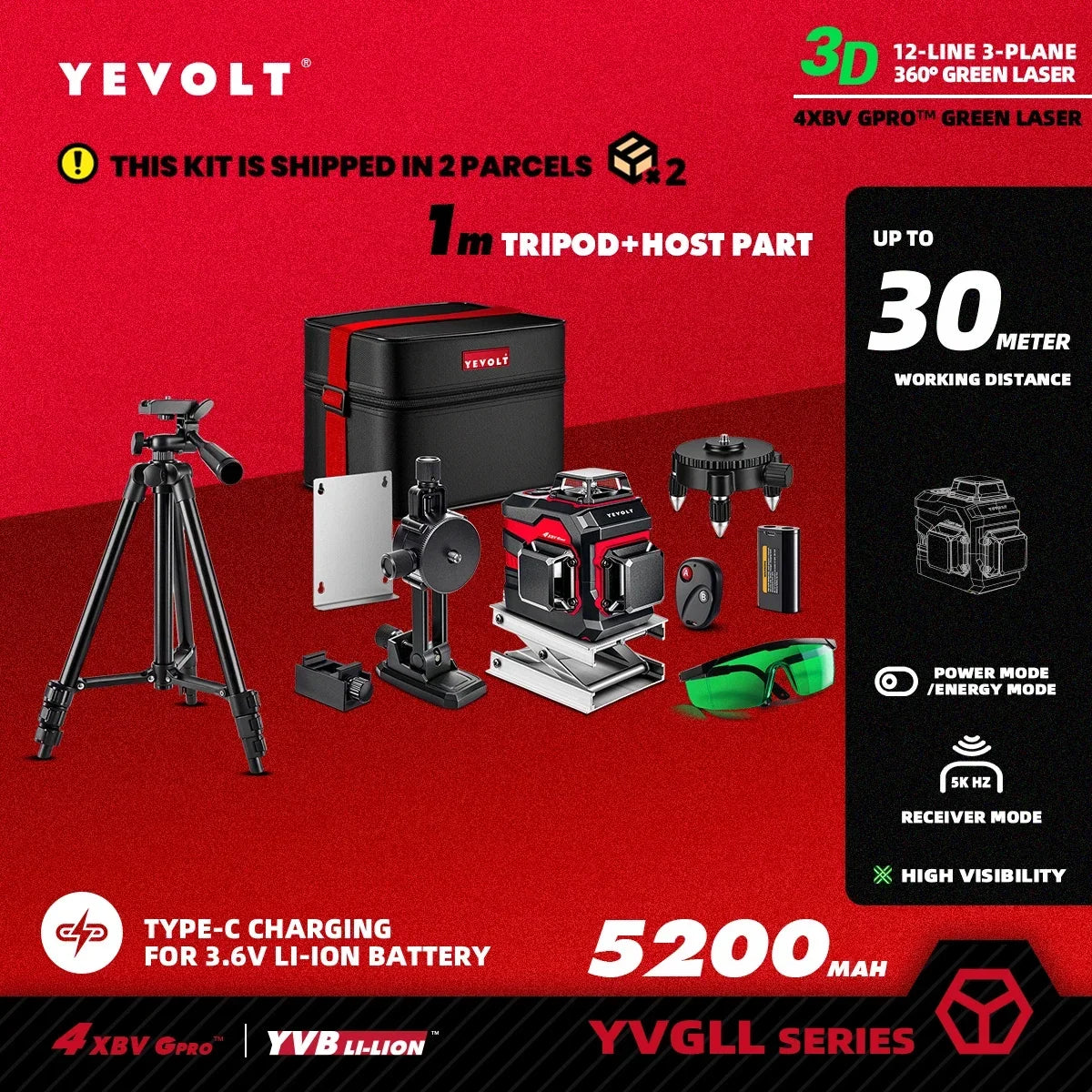 YEVOLT YVGLL4XS12 Nivel láser inteligente de 12 líneas cruzadas, autonivelante, compacto, de doble potencia, alta precisión, alcance de trabajo de 30 m