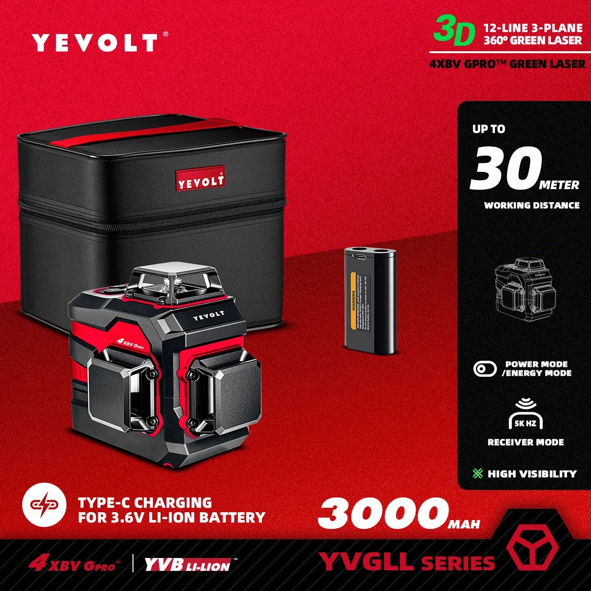 Laser Level YVGLL4XS12 12-Line Green Beam with Pulse Mode Long Range Auto-Leveling Lock Slope Switch for DIY Home Improvement