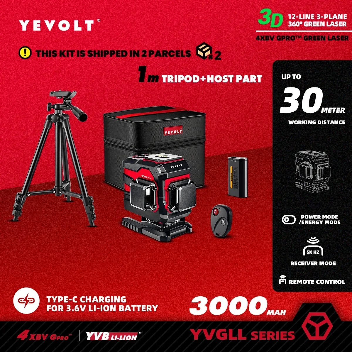 Nível a laser comercial YEVOLT YVGLL4XS12T 3D 360° de 12 linhas FloorMaster autonivelante para alinhamento de pavimentação externa Cobertura ultraprecisa de 30 m