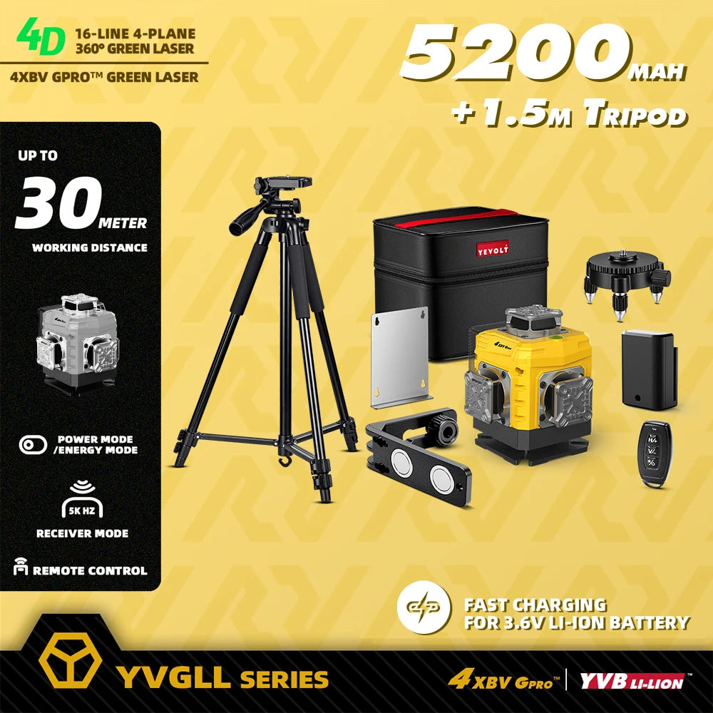 YEVOLT 16-Line Laser Level YVGLL4XS16G-515nm Green Beam 30m Visible Energy Saver 360° Coverage 4s Fast Self-Leveling