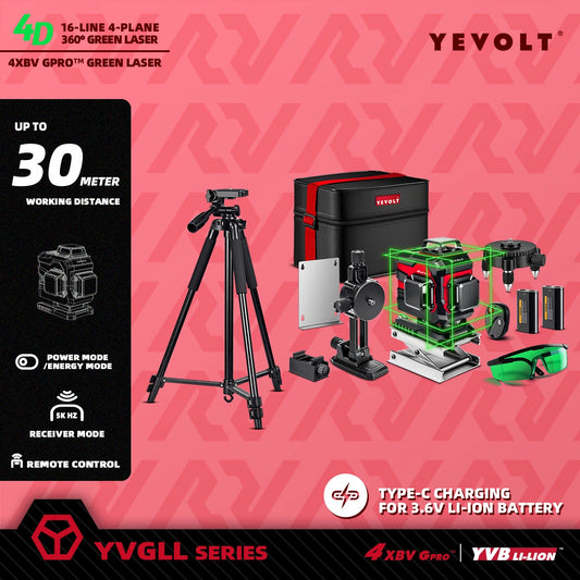 Nivel láser de haz verde YEVOLT YVGLL4XS16, 16 líneas, modo de pulso, nivelación automática ±4°, IP54, resistente al polvo y al agua, con control remoto.