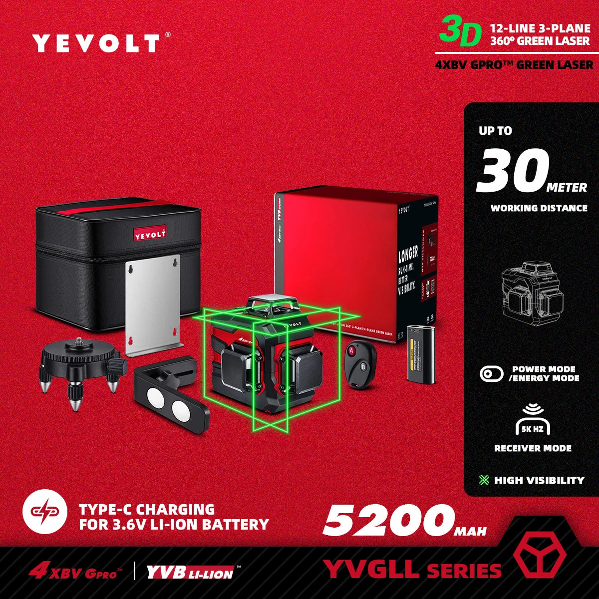 YEVOLT Green Laser Level 3/4-Plane 12/16-Line Self-leveling 360 3D/4D Power Measuring Tool Horizontal & Vertical YVGLL4XS-Series