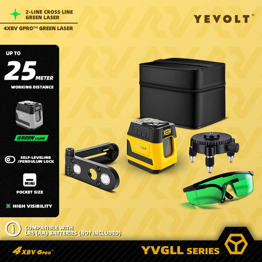 Nivel láser YEVOLT YVGLL4XS2G con posicionamiento de haz estroboscópico de líneas cruzadas, modo ecológico y nivelación automática - Verde de 515 nm para eficiencia en condiciones de poca luz