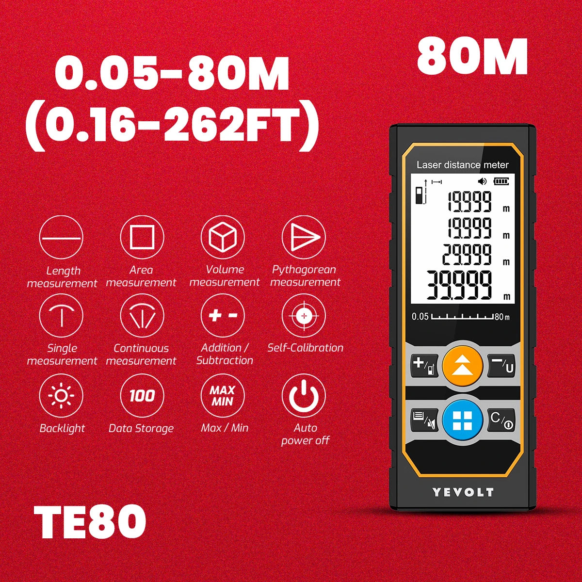 YEVOLT TE Series Laser Distance Meter 40/60/80/100M Rangefinder Digital Tape Measure Tools With Backlit Area/Volume/Pythagorean
