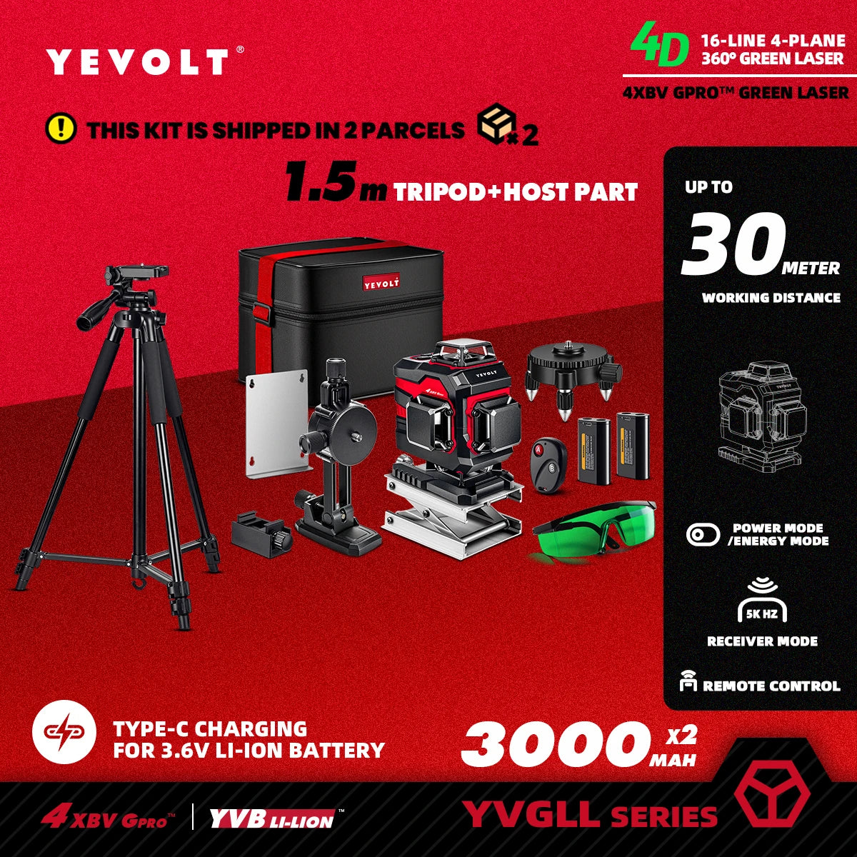 YEVOLT Laser Level Green Beam 16 Lines Horizontal and Vertical Self-leveling 360° Accurate Measuring Tools -YVGLL4XS16 Series