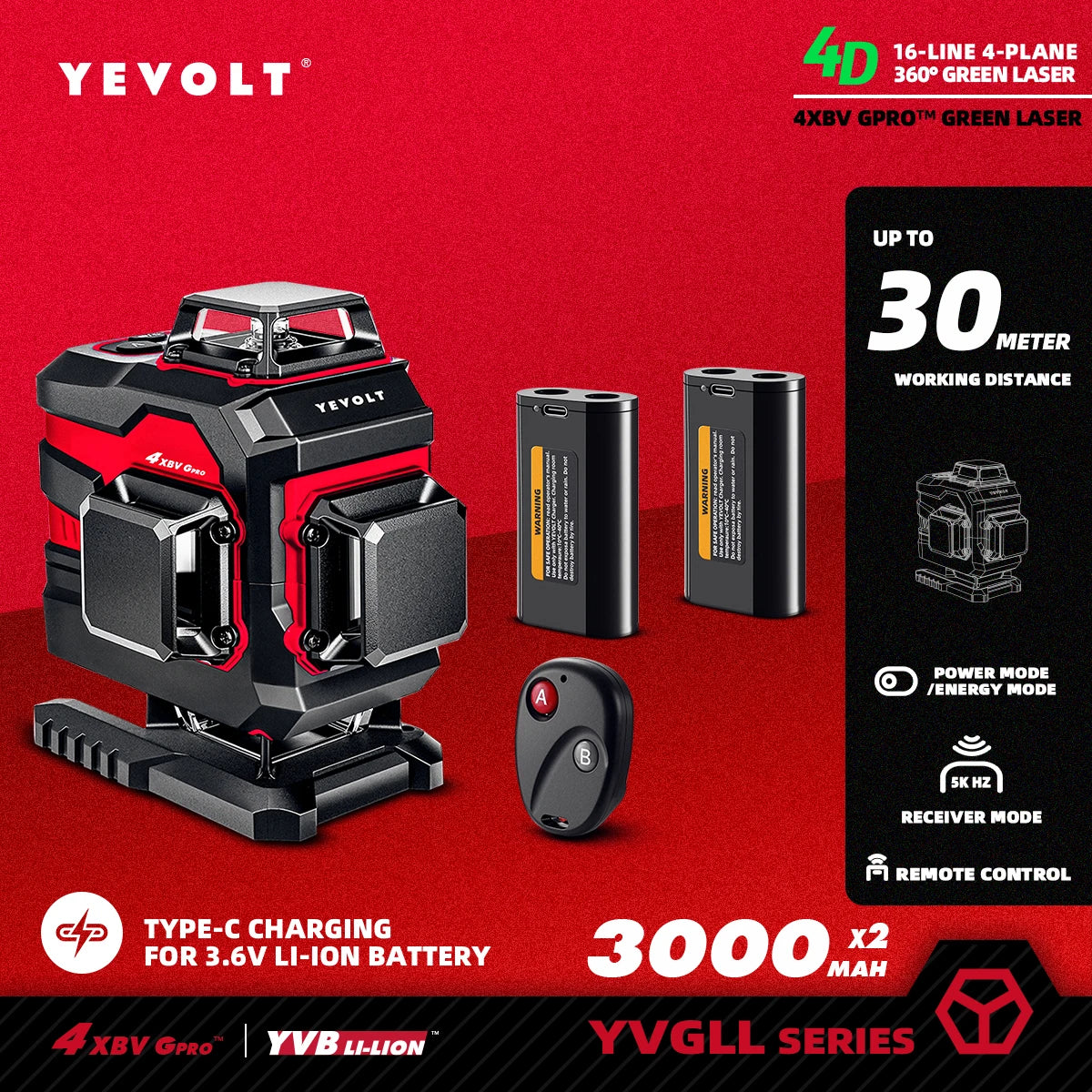 Nivel láser verde YEVOLT serie YVGLL4XS, 3/4 planos, 12/16 líneas, autonivelante, 360°, 3D/4D, horizontal y vertical, 3,6 V, 3 Ah