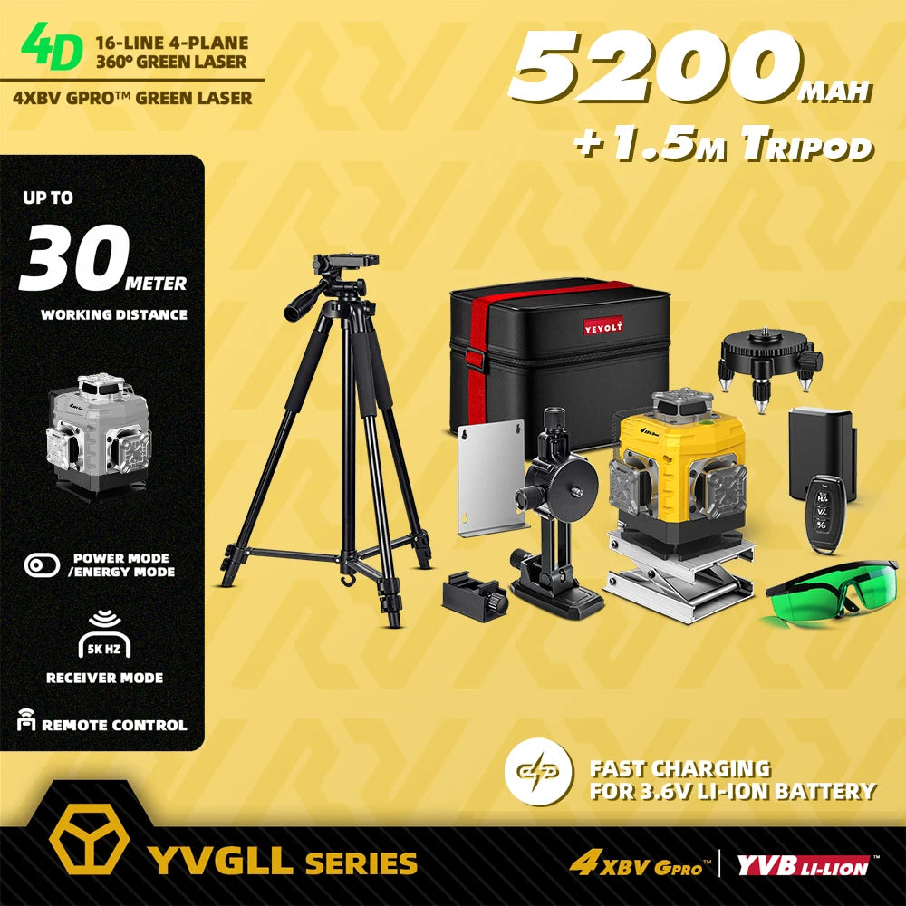 YEVOLT 16-Line Laser Level YVGLL4XS16G-515nm Green Beam 30m Visible Energy Saver 360° Coverage 4s Fast Self-Leveling