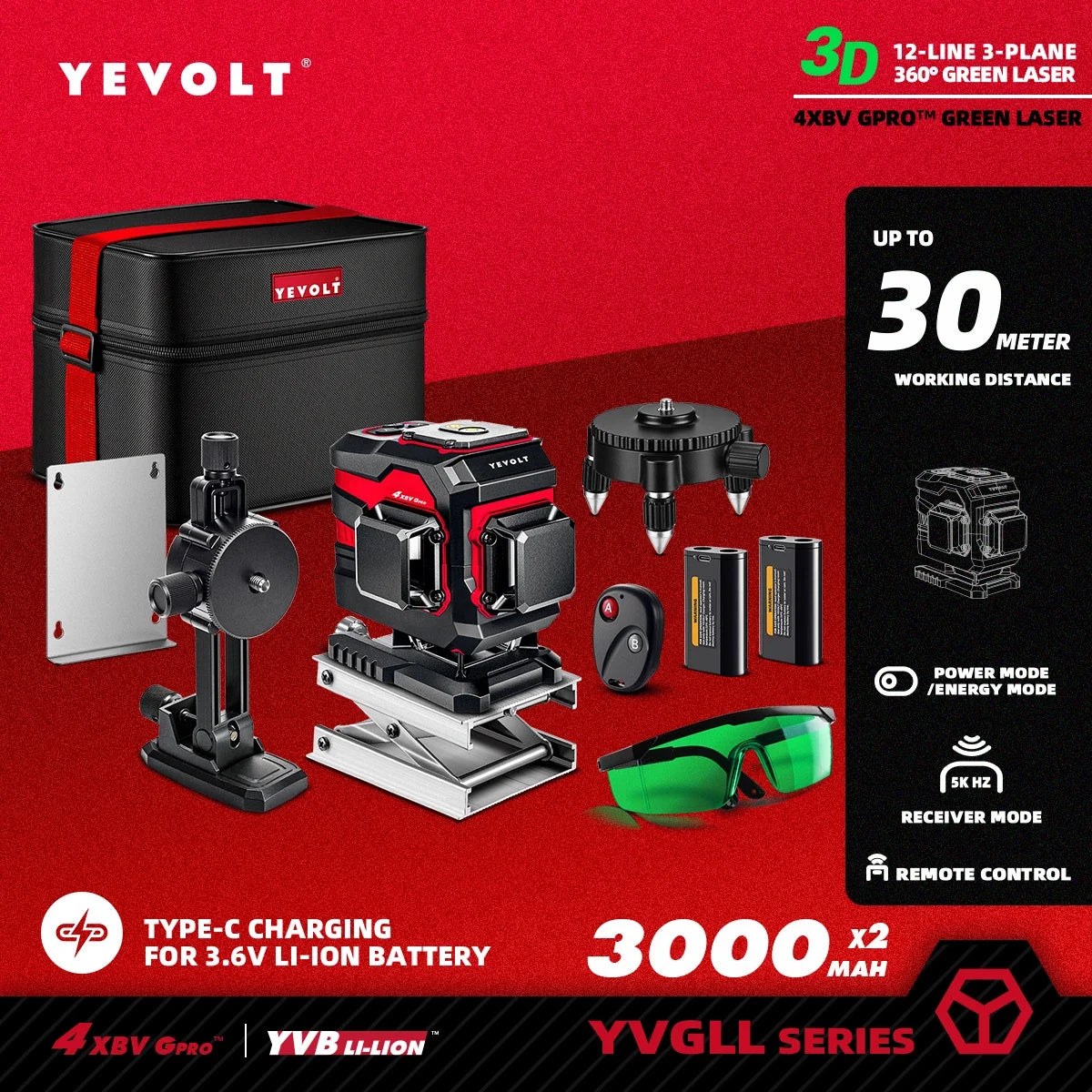 YEVOLT Ground-Mode 12-Line Laser Level YVGLL4XS12T 360° Vertical Coverage ±0.2mm/m Outdoor Daylight Use Single-Person Operation