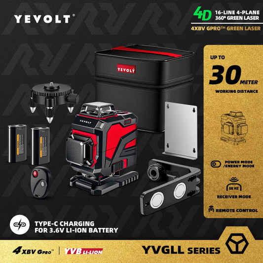 YEVOLT YVGLL4XS16 Nivel láser de 16 líneas TriPlane, nivelación y plomada, nivel de piso autonivelante QuikTilt, alcance de 30 m