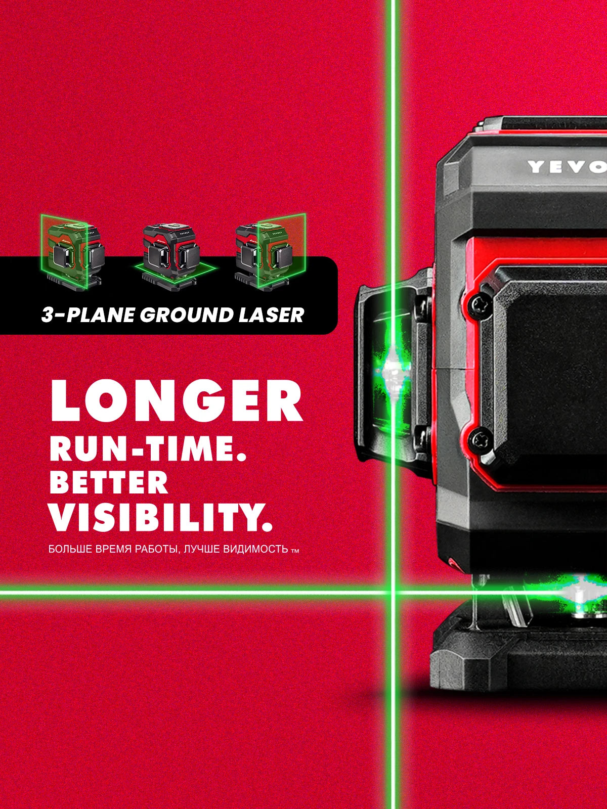 Nivel láser 3D YEVOLT YVGLL4XS12T, 12 líneas, verde, autonivelante, 3 Ah/5,2 Ah, iones de litio, 360°, herramientas de medición horizontal y vertical
