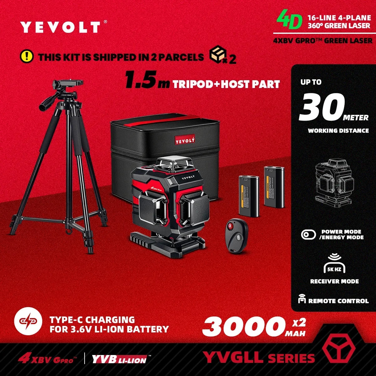 YEVOLT 16-Line Industrial Laser Level YVGLL4XS16 Dual Mode Shockproof Rubber Housing Outdoor Daylight Use Portable for Travel