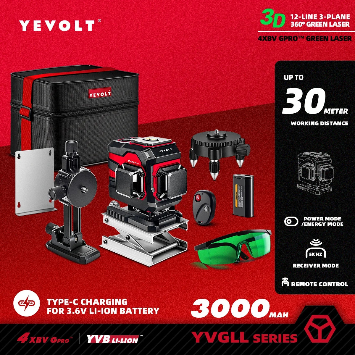 YEVOLT Ground-Mode 12-Line Laser Level YVGLL4XS12T 360° Vertical Coverage ±0.2mm/m Outdoor Daylight Use Single-Person Operation