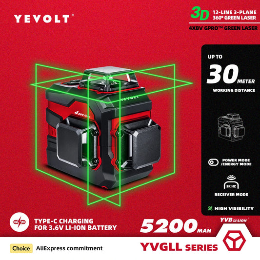 Nivel láser verde YEVOLT YVGLL4XS12PRO, 3 planos, 12 líneas, autonivelante, 360°, horizontal y vertical, 3,6 V, 5,2 Ah, herramientas eléctricas