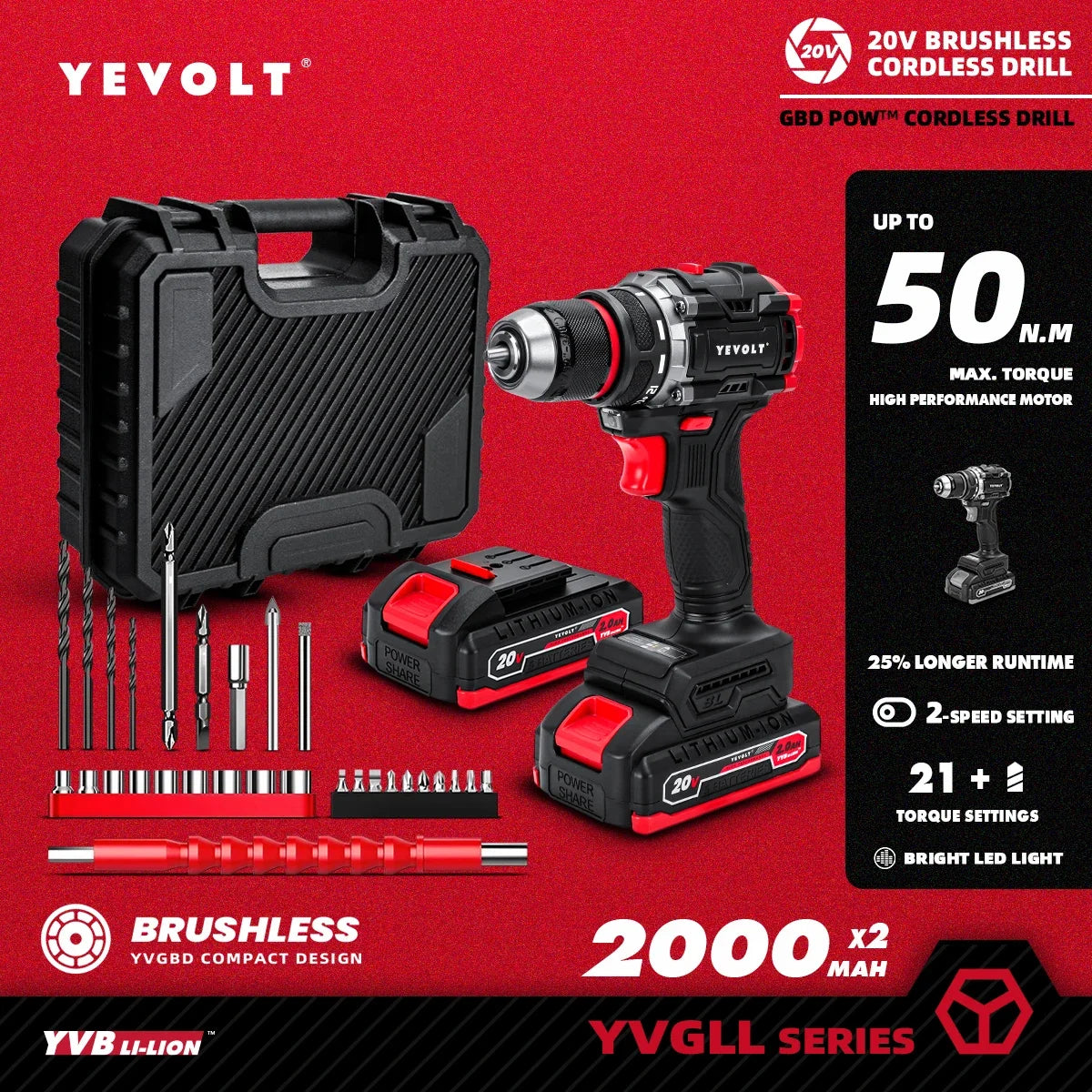 Furadeira/parafusadeira sem fio YEVOLT YVGBD20DU2 20V com maior autonomia e sem escovas, 50N.m, torque máximo de 21+1, mandril autoapertável