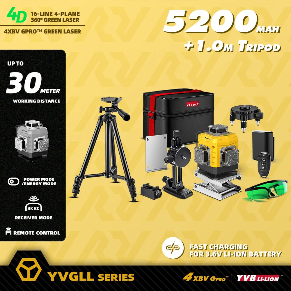 YEVOLT 16-Line Laser Level YVGLL4XS16G-515nm Green Beam 30m Visible Energy Saver 360° Coverage 4s Fast Self-Leveling