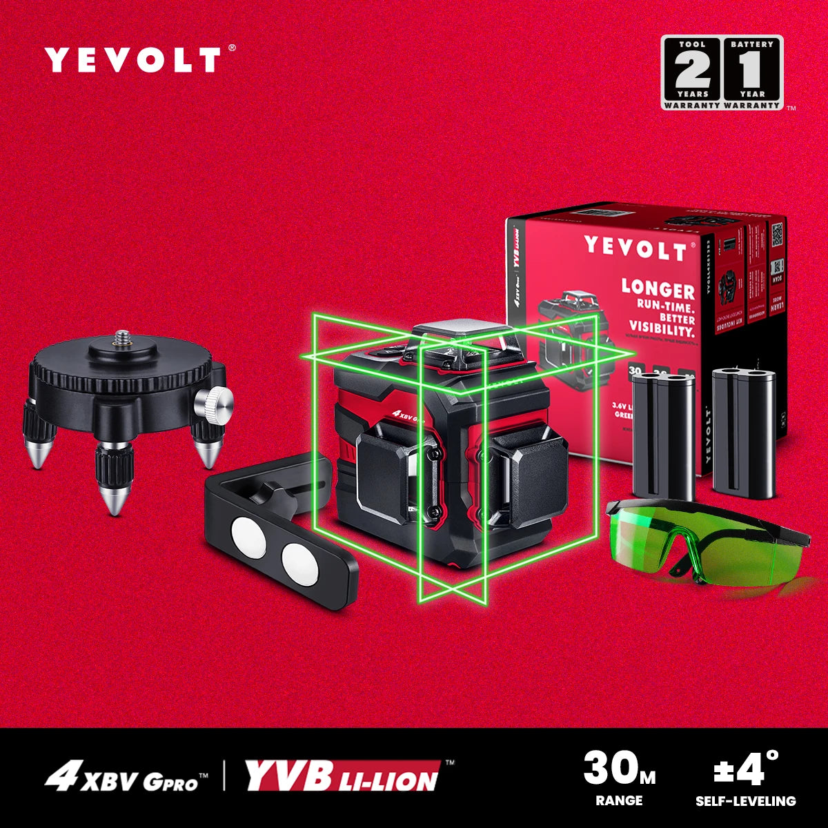 Nível a laser comercial YEVOLT YVGLL4XS12 3D 360° 12 linhas ProGrade autonivelante luz do dia visível potência dupla precisão grau 30 m alcance