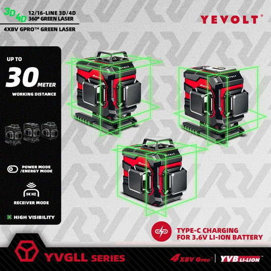Nivel láser verde YEVOLT serie YVGLL4XS, 3/4 planos, 12/16 líneas, autonivelante, 360°, 3D/4D, horizontal y vertical, 3,6 V, 3 Ah