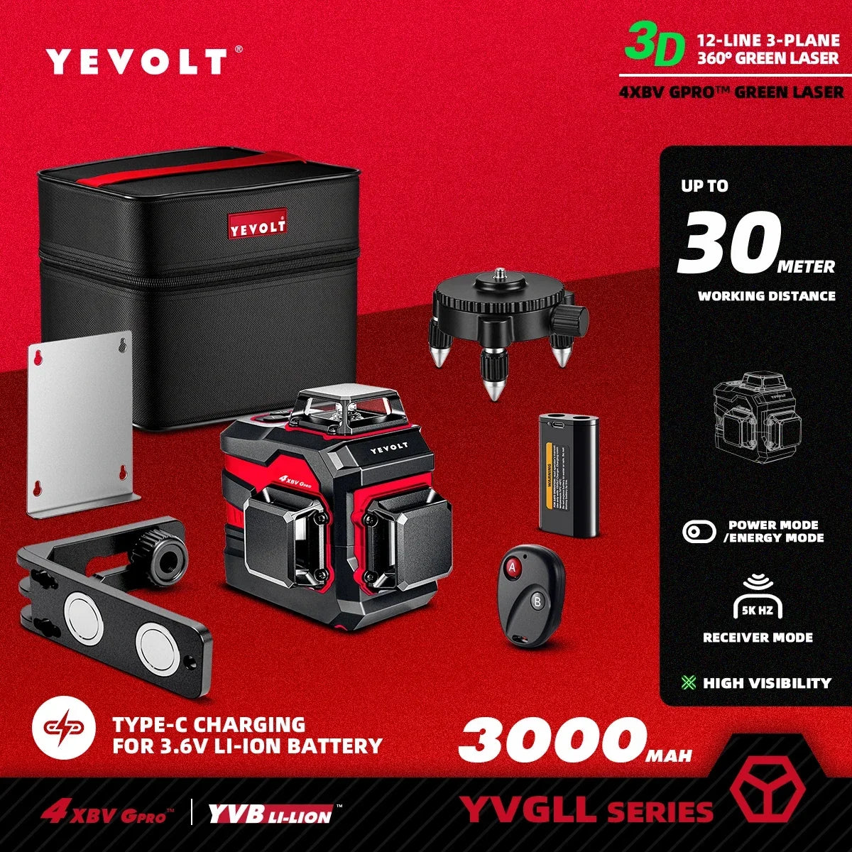 YEVOLT YVGLL4XS12 Nivel láser inteligente de 12 líneas cruzadas, autonivelante, compacto, de doble potencia, alta precisión, alcance de trabajo de 30 m