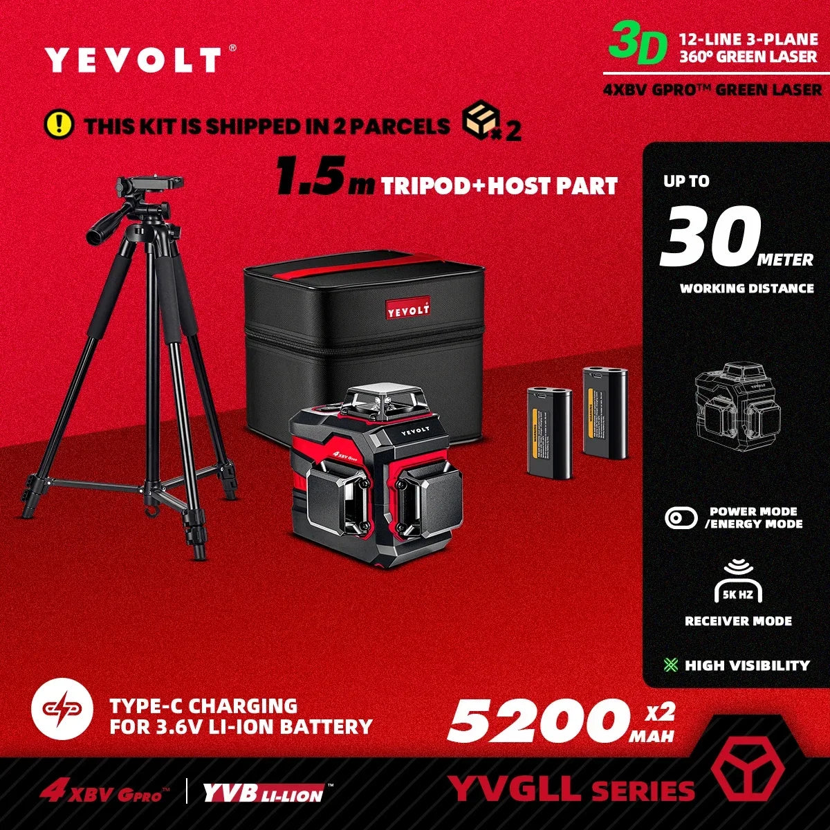 YEVOLT YVGLL4XS12 Nivel láser inteligente de 12 líneas cruzadas, autonivelante, compacto, de doble potencia, alta precisión, alcance de trabajo de 30 m