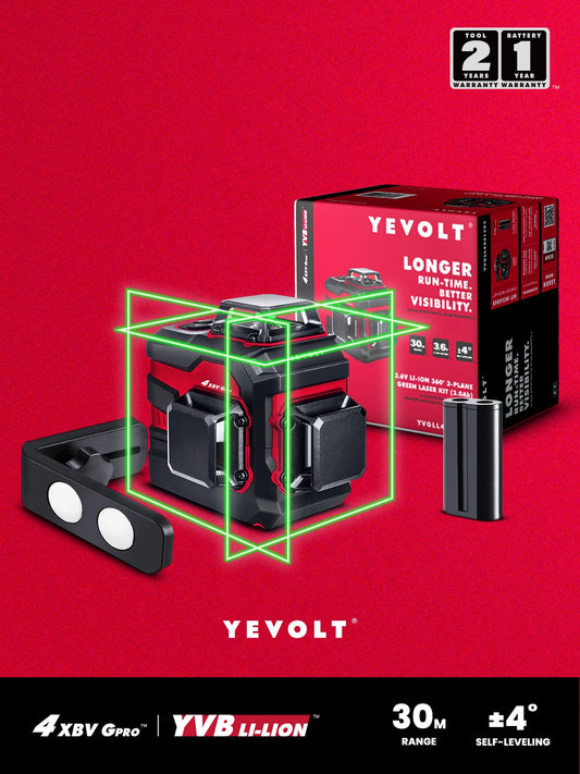 Kit de medição de nível a laser verde YEVOLT YVGLL4XS12PRODP - 2 x 5200mAh para 12 linhas, 360°, 3 planos, 3D, autonivelamento