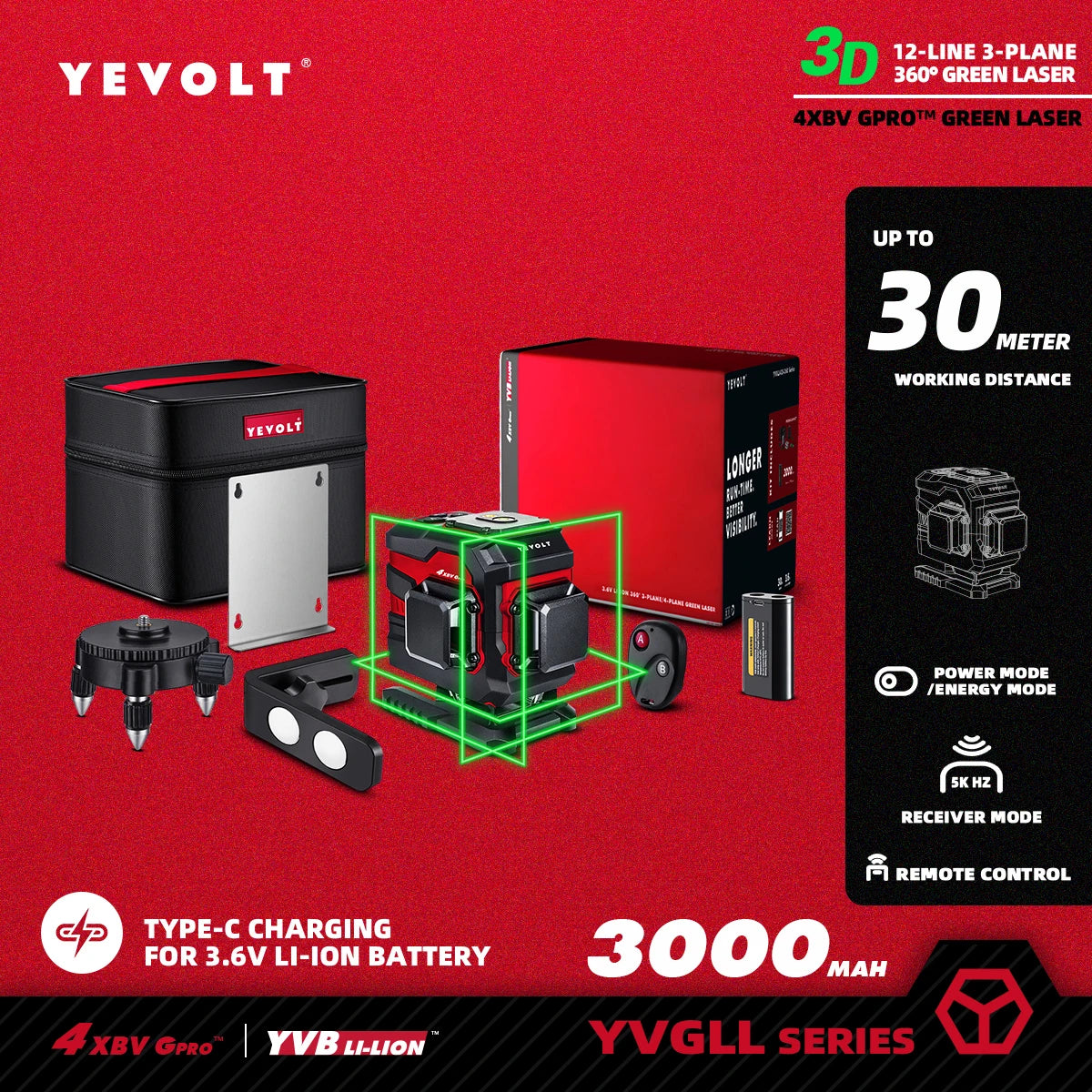 YEVOLT Green Laser Level 3/4-Plane 12/16-Line Self-leveling 360 3D/4D Horizontal & Vertical Power Measuring Tool YVGLL4XS-Series