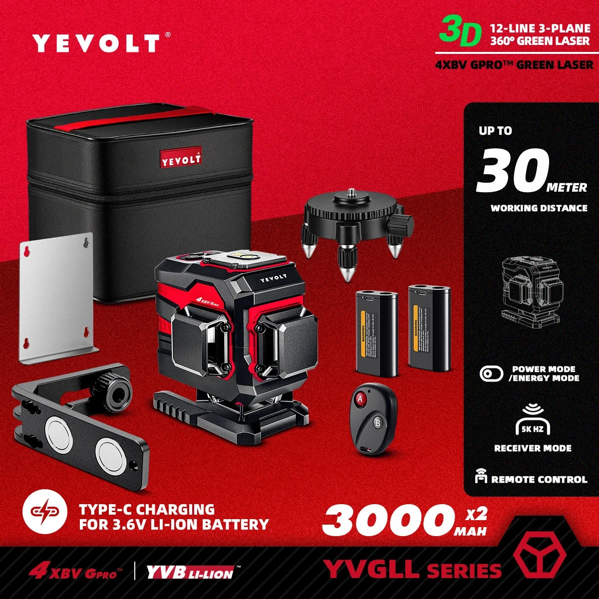 YEVOLT Ground-Mode 12-Line Laser Level YVGLL4XS12T 360° Vertical Coverage ±0.2mm/m Outdoor Daylight Use Single-Person Operation