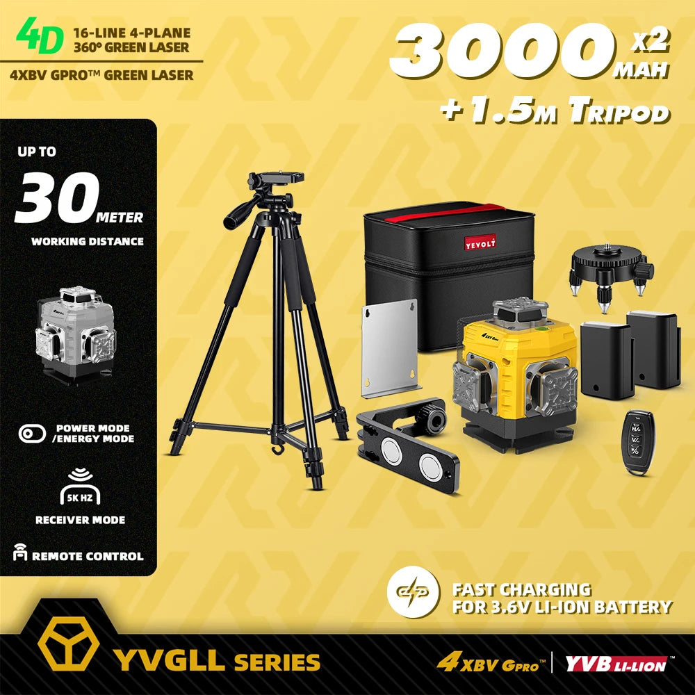 YEVOLT 16-Line Laser Level YVGLL4XS16G-515nm Green Beam 30m Visible Energy Saver 360° Coverage 4s Fast Self-Leveling