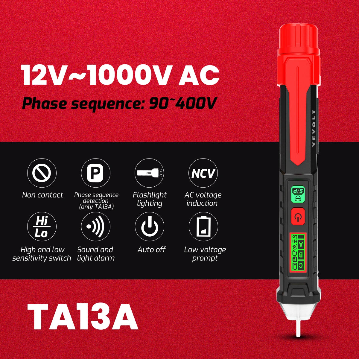 YEVOLT TA13A/TA11B+ Non-Contact NCV Voltage Tester Pen 12V~1000V AC Flashlight LCD Display Buzzer Alarm Live/Null Wire Tester