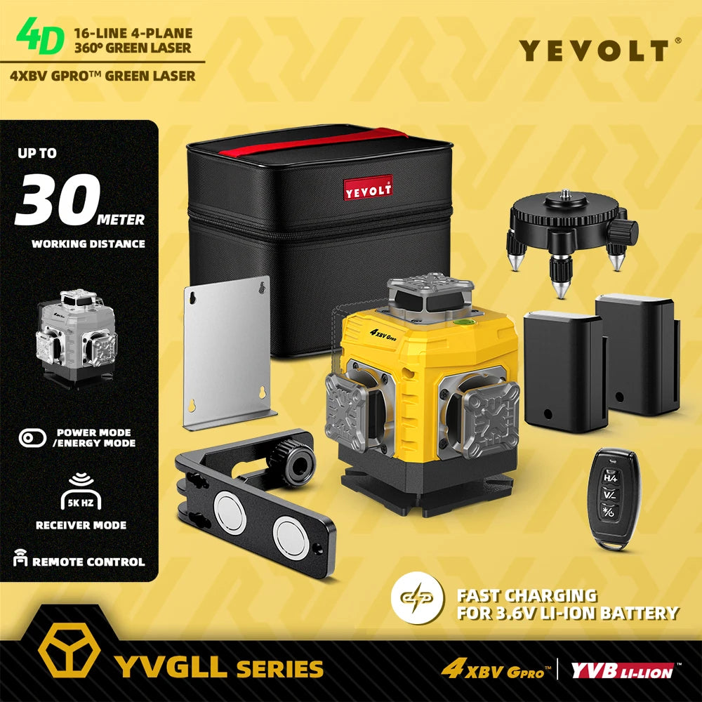 Nível de laser YEVOLT YVGLL4XS16G de 16 linhas - Flash estroboscópico para rastreamento a laser, modo econômico e visor de bateria, autonivelamento para trabalhos rápidos