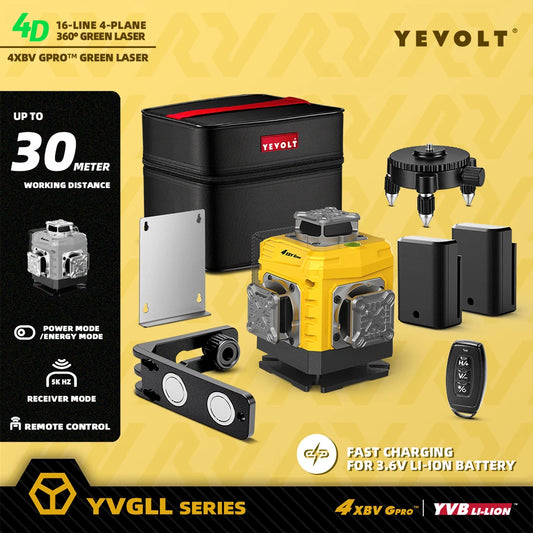 Nivel láser YEVOLT YVGLL4XS16G de 16 líneas: flash estroboscópico para seguimiento láser, modo ecológico y visualización de batería. Autonivelación para trabajos rápidos.