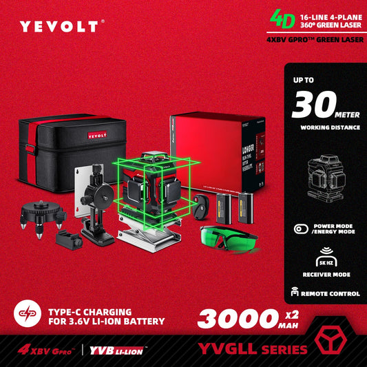 Nível a laser YEVOLT 3/4-Plano Verde 12/16-Linhas Série YVGLL4XS Autonivelante 360 3D/4D Ferramenta de medição - Tripé de alumínio de 1,5 m
