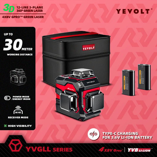 Nivel láser de obra YEVOLT YVGLL4XS12 de 360° x 3, 12 líneas, batería + USB, doble potencia, alta precisión, FloorMaster, autonivelante, alcance de 30 m