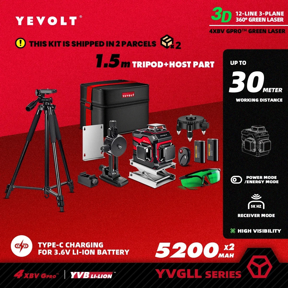 YEVOLT YVGLL4XS12 Nivel láser de líneas cruzadas de 12 líneas, inteligente, autonivelante, compacto, de doble potencia, alta precisión, alcance de trabajo de 30 m