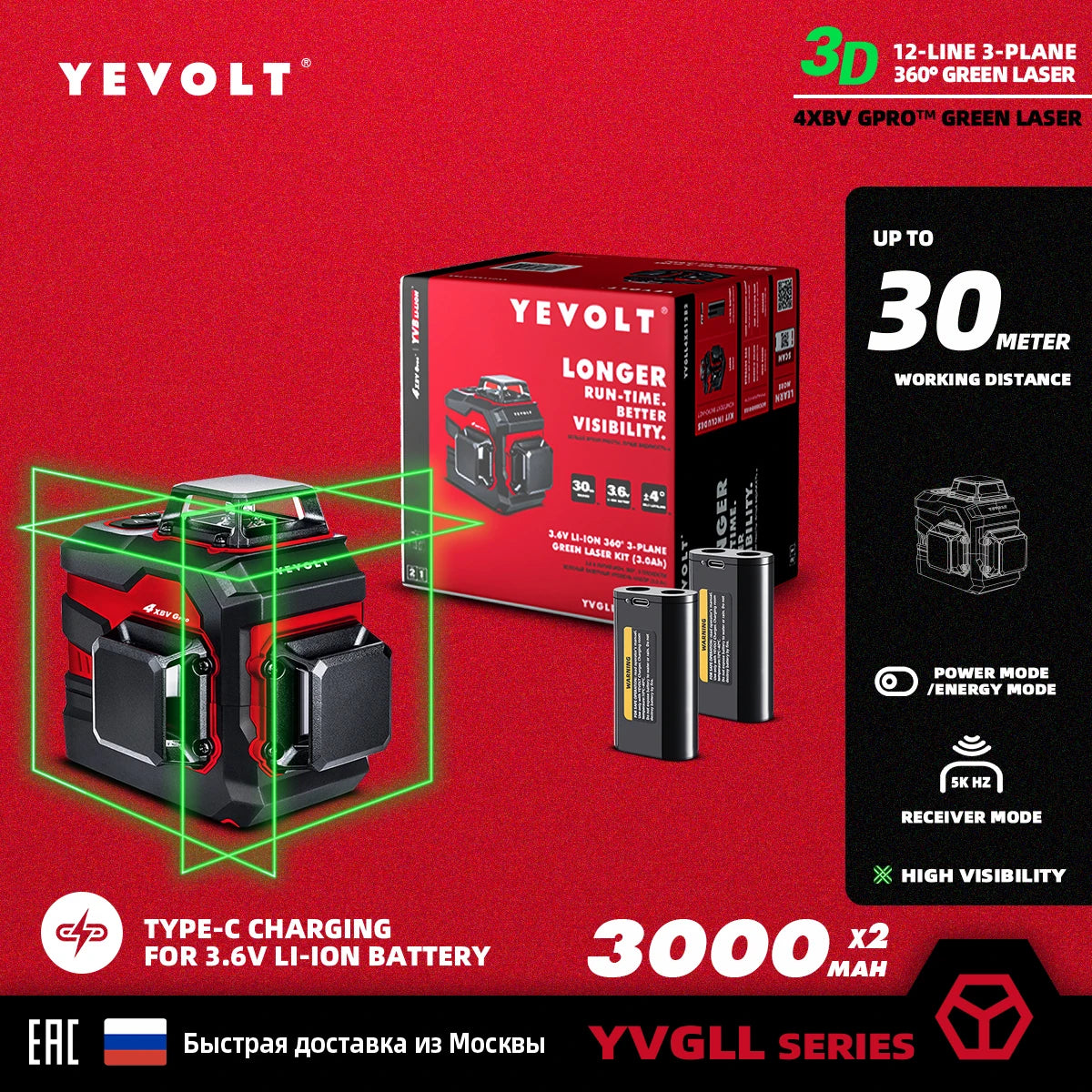 YEVOLT Laser Level 3/4-Plane Green 12/16-Line YVGLL4XS-Series Self-leveling 360 3D/4D Measuring Tool-1.5M Aluminium Tripod
