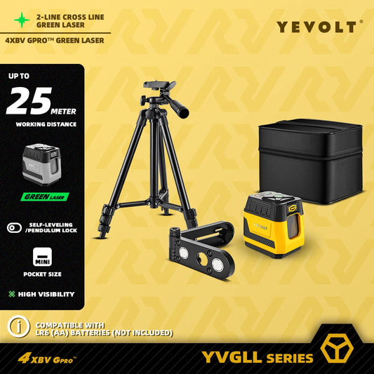 YEVOLT YVGLL4XS2G 2 linhas - 3 níveis de brilho, aviso de inclinação excessiva e pulso de longo alcance - laser verde para ambientes claros