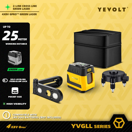 Nivel láser YEVOLT YVGLL4XS2G: nivelación automática (alarma de ±4°), modo de pendiente y haz verde de 515 nm - precisión de 0,6 mm/m, montaje de 1/4"