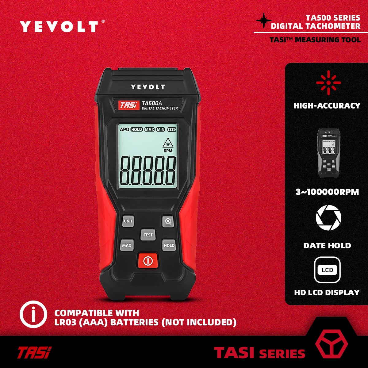 Tacômetro digital sem contato/2 em 1 YEVOLT TA500A/TA500C, sensor fotográfico a laser sem contato ou medidor de contato, testador de velocidade RPM