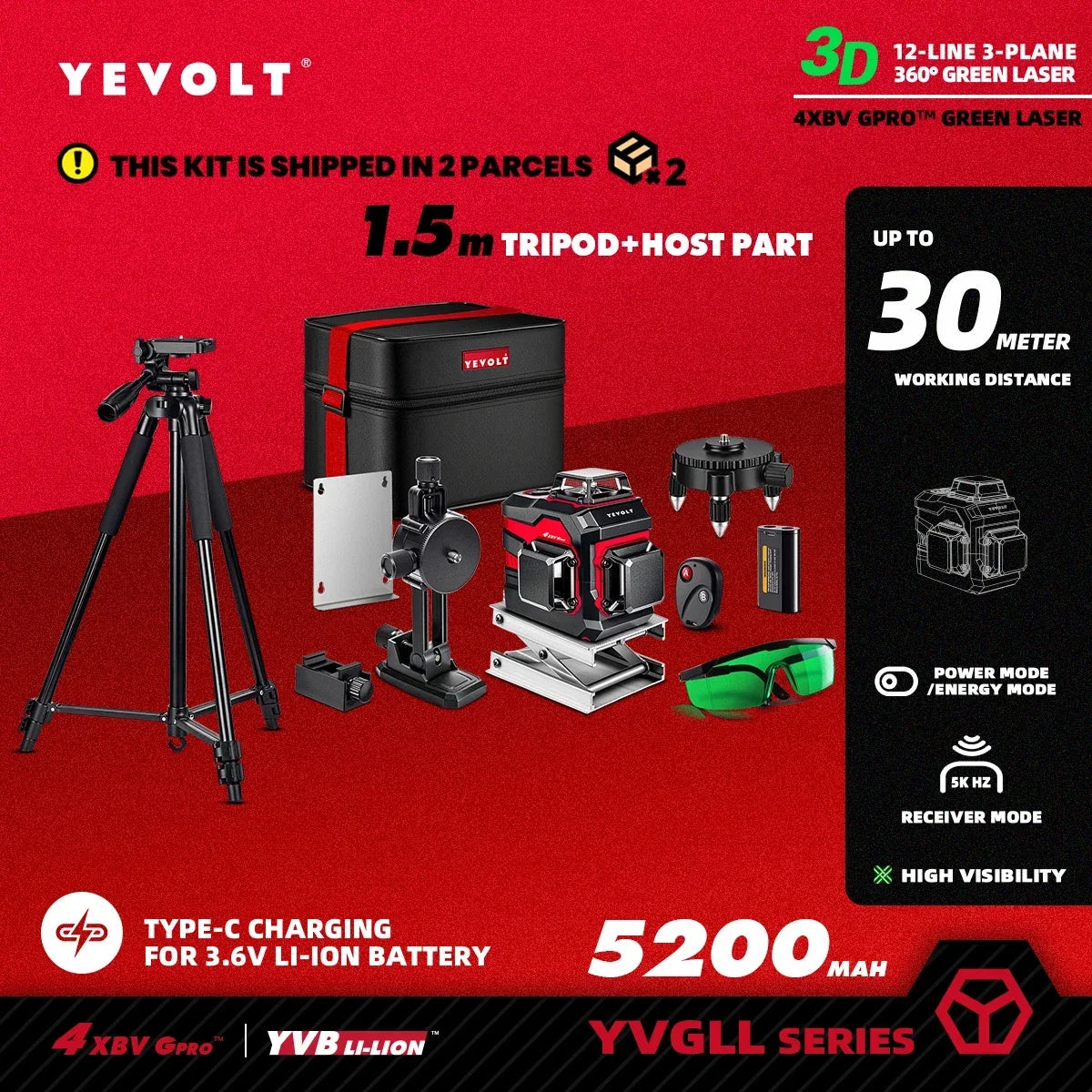 YEVOLT YVGLL4XS12 Nivel láser de líneas cruzadas de 12 líneas, inteligente, autonivelante, compacto, de doble potencia, alta precisión, alcance de trabajo de 30 m