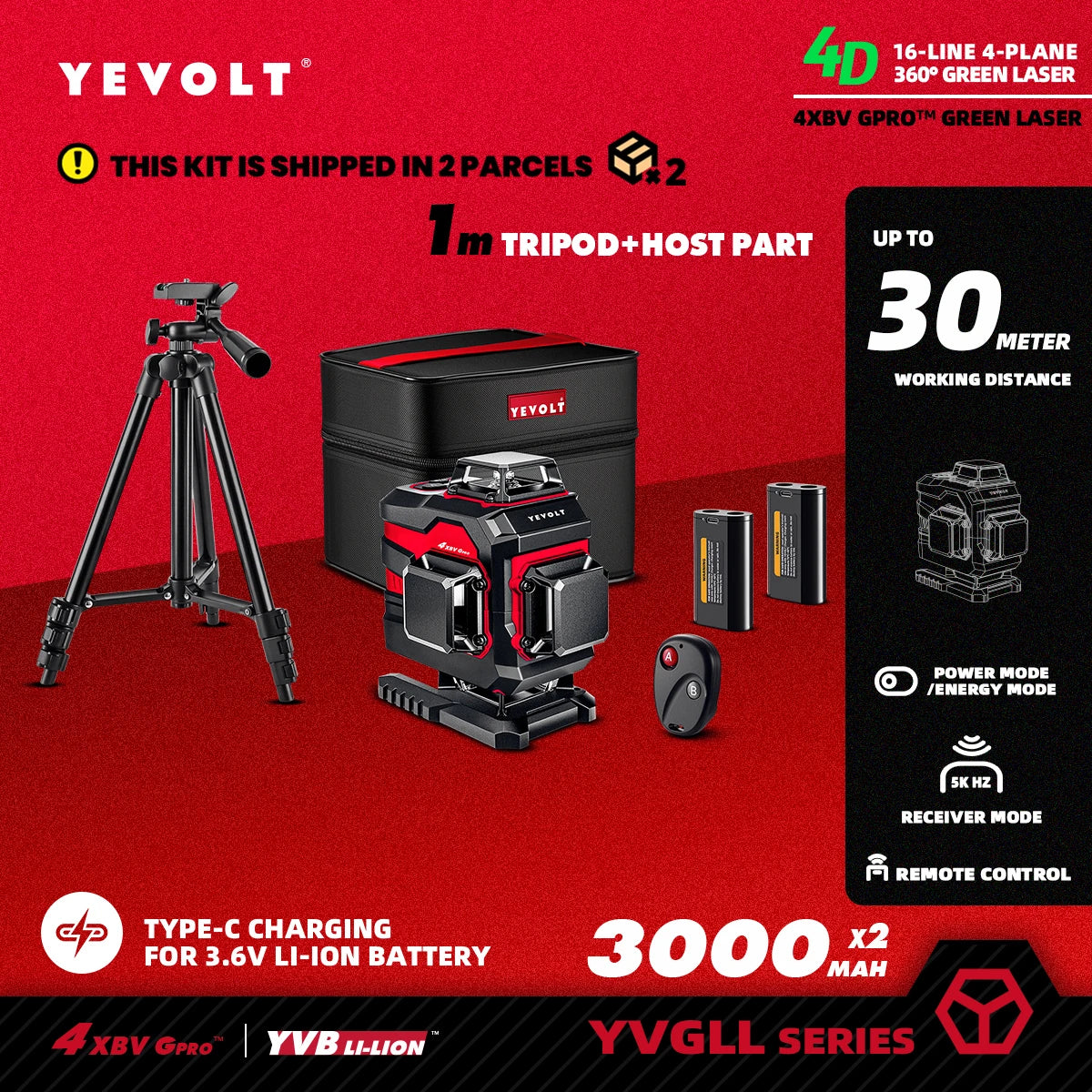 YEVOLT Laser Level Green Beam 16 Lines Self-leveling 360° Horizontal and Vertical Accurate Measuring Tools -YVGLL4XS16 Series