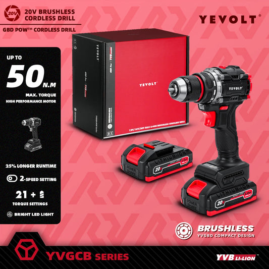 Parafusadeira sem fio YEVOLT YVGBD20DU2 20V, economia de energia, sem escovas, 450 pol.-lbs/50N.m, ajuste de torque 21+1, mandril temperado