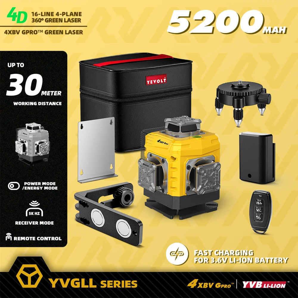 YEVOLT 16-Line Laser Level YVGLL4XS16G-515nm Green Beam 30m Visible Energy Saver 360° Coverage 4s Fast Self-Leveling
