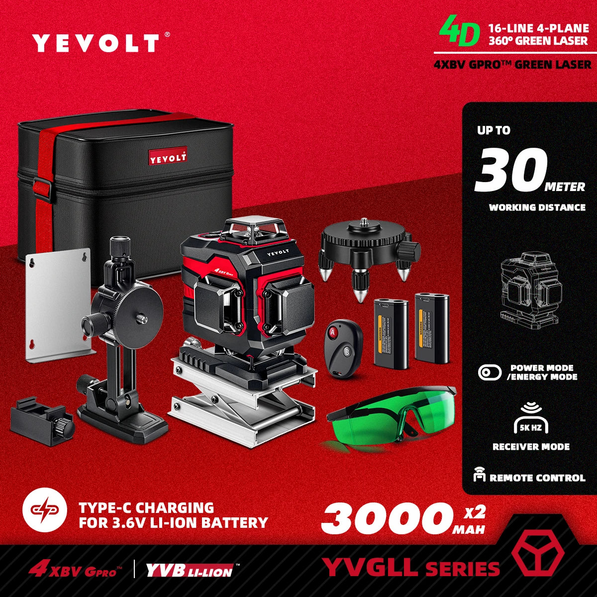 YEVOLT Laser Level Green Beam 16 Lines Horizontal and Vertical Self-leveling 360° Accurate Measuring Tools -YVGLL4XS16 Series