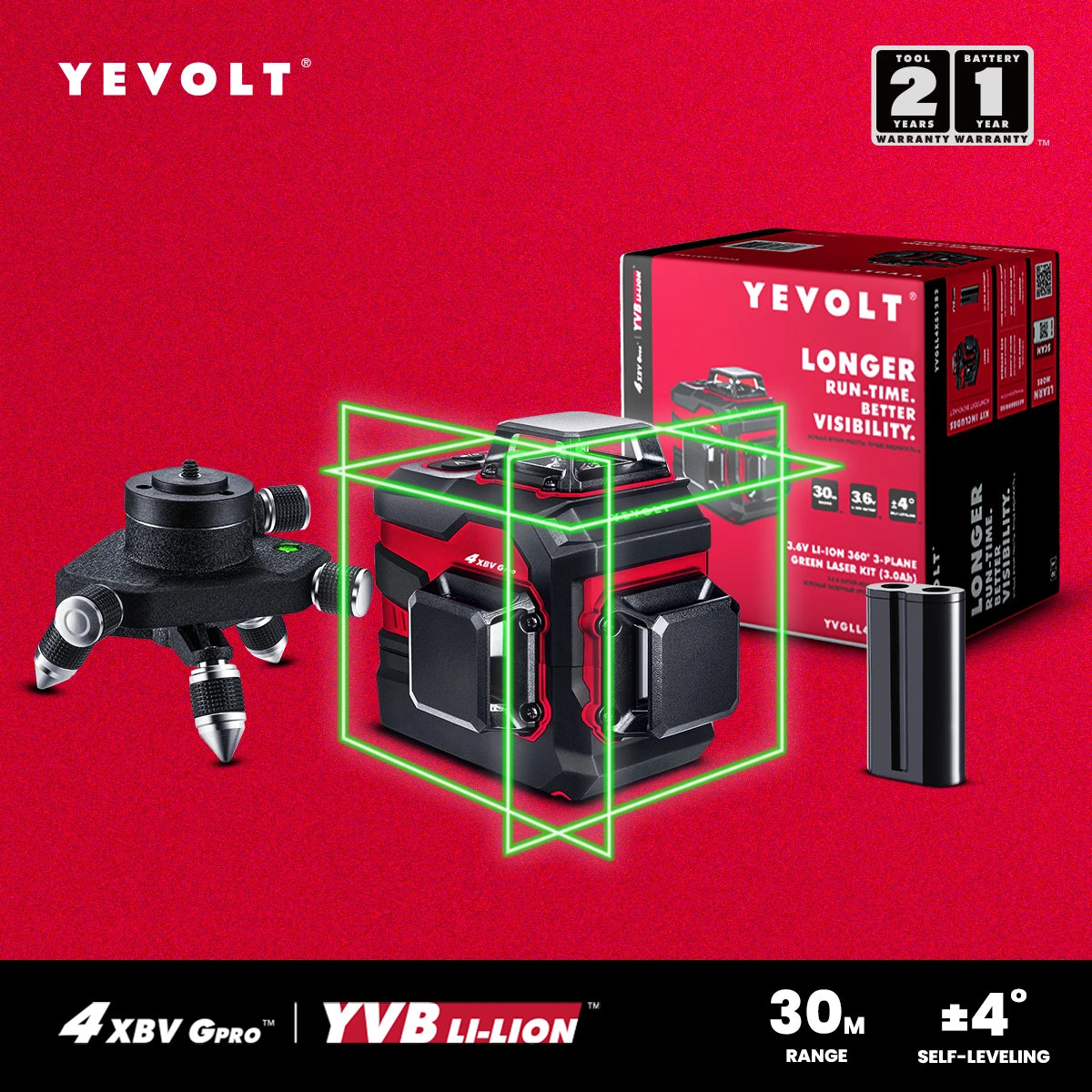 Nível a laser comercial YEVOLT YVGLL4XS12 TriPlane de 12 linhas, bateria autonivelante FloorMaster + alimentação dupla USB, alta precisão, cobertura de 30 m